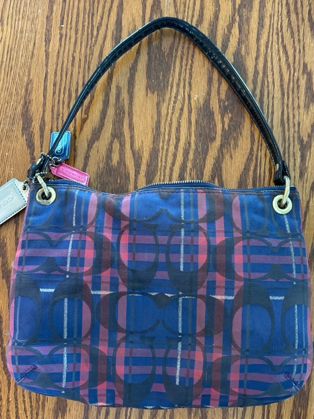 Coach Navy and Pink Signature Stripe Shoulder Bag with Black Patent Trim